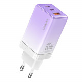 Cumpara ieftin Incarcator Priza 2x Type-C PD65W, USB-A 3A, Usams (US-CC180), Gradient Purple