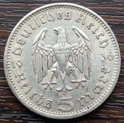 (A737) MONEDA DIN ARGINT GERMANIA - 5 MARK 1936, LIT. A, PAUL VON HINDENBURG foto