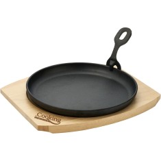 PLATOU SERVIRE ROTUND , 22 CM , FONTA PURA, CU MANER DETASABIL SI BAZA DIN LEMN