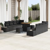 Set canapea gradina 11 piese cu perne negru poliratan acacia, canapea gradina 2 locuri cu depozitare si perne negru poliratan, set de dining gradina 3