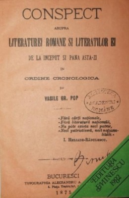 CONSPECT ASUPRA LITERATUREI ROMANE SI LITERATILOR EI DE LA INCEPUT SI PANA ASTAZI IN ORDINE CRONOLOGICA foto