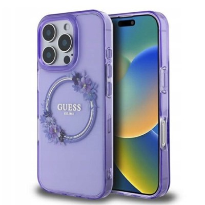 Husa pentru iPhone 16 Pro Max - Guess IML Flowers Wreath MagSafe (GUHMP16XHFWFCU) - Purple foto