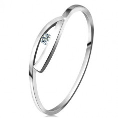 Inel din aur alb 585 cu diamant lucios, brațe lucioase, îndoite - Marime inel: 62