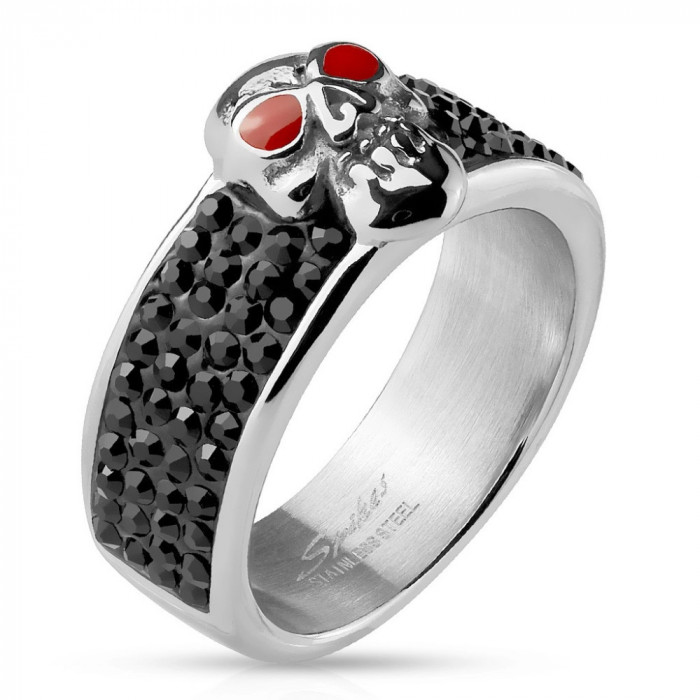 Inel din oțel de culoare argintie, craniu cu ochi roșii, zirconii negre - Marime inel: 70