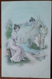 Carte postala, doua prietene, desen, perioada interbelica