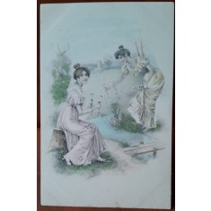 Carte postala, doua prietene, desen, perioada interbelica