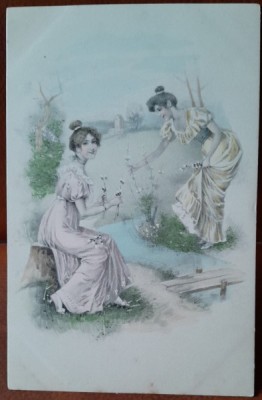 Carte postala, doua prietene, desen, perioada interbelica foto