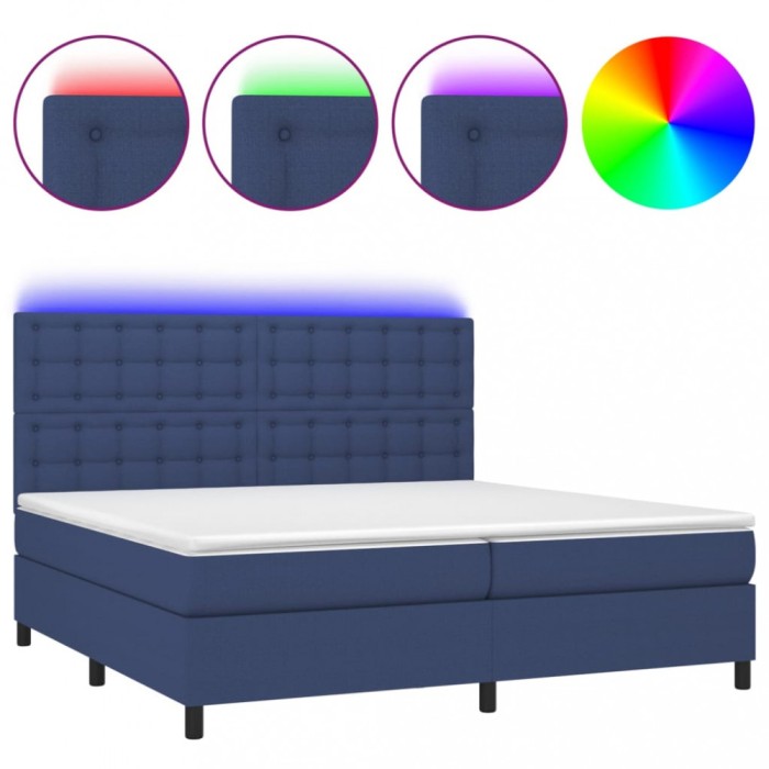 Pat cu arcuri, saltea si LED, albastru, 200x200 cm, textil