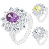 Inel de culoare argintie, floare mare strălucitoare din zirconii, petale - Marime inel: 50, Culoare: Galben
