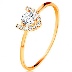 Inel realizat din aur galben de 14K - potcoavă strălucitoare, zirconiu mare rotund - Marime inel: 52