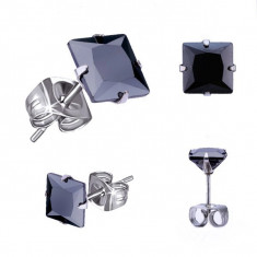 Cercei realizaţi din oţel 316L, culoare argintie, zirconiu negru în formă pătrată - Dimensiune stras: 7 mm