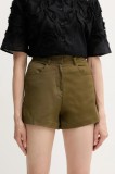 Sisley pantaloni scurți culoarea verde, uni, high waist, 4ED4L901N