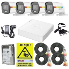 Sistem supraveghere Hikvision, 4 camere ColorVu 2MP Lumina Alba 20m Audio, DVR 4 canale 2MP Audio, Accesorii, HDD 500GB, Autocolant Rovision SafetyGua