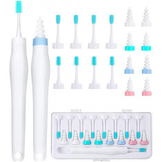 Kit de curatare a urechilor cu 16 capete din silicon lavabil pentru intreaga familie, 8 capete spiralate si 8 capete de perie, alb/verde