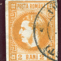 1868 , Lp 21 , Carol cu favoriti 2 Bani galben-portocaliu , stampilat
