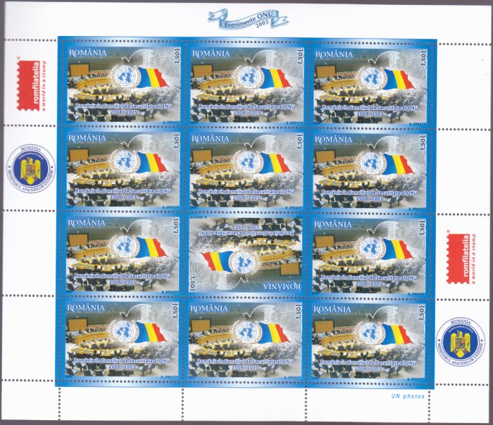 ROMANIA 2005 L.P.1697b EVENIMENTE ONU COLI 12 TIMBRE MNH.