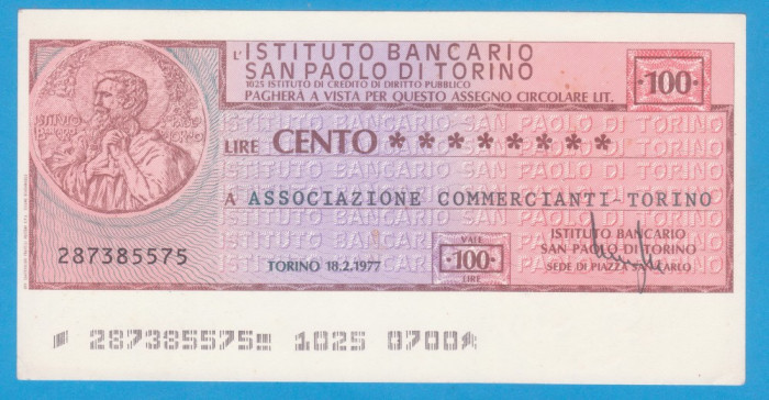 (1) CEC BANCAR ITALIAN - L&#039;ISTITUTO BANCARIO SAN PAOLO DI TORINO, 100 LIRE, 1977