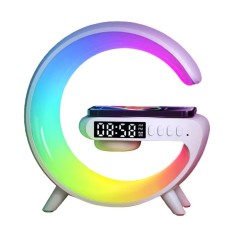 Lampa decorativa multifunctionala cu incarcare wireless 15W, ceas, alarma si boxa bluetooth, lumina ambientala multicolora, jocuri de lumini, incarcar