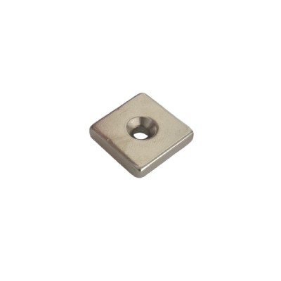 Magnet neodim 20x20x5 mm, 2 x gaura de 4.2 mm cu sanfren, patrat, argintiu, N35 foto