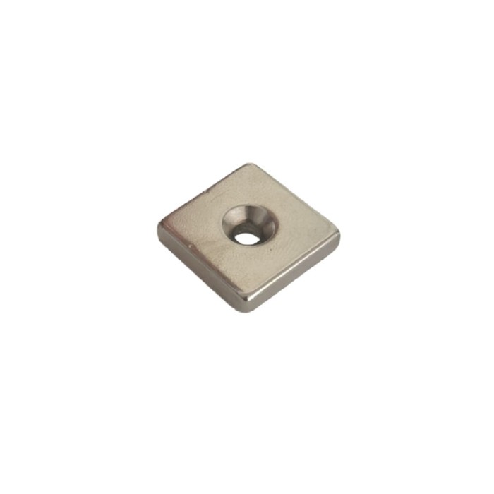 Magnet neodim 20x20x5 mm, 2 x gaura de 4.2 mm cu sanfren, patrat, argintiu, N35