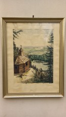 TABLOU ACUARELA - BISERICA DE LEMN IN ZONA MONTANA - SEMNAT STANGA JOS