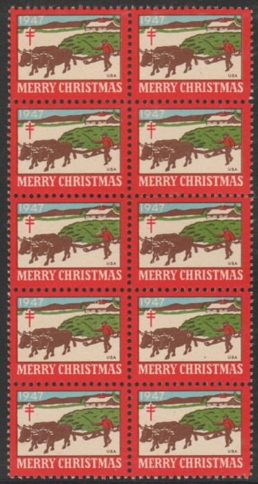 1947 SUA - Bloc de10 vignete de Craciun + Campanie Anti Tuberculoza, TBC