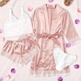 Cumpara ieftin Set Pijama de Dama 4 Piese din Satin, Culoare Roz Pudra - ANI116