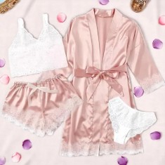 Set Pijama de Dama 4 Piese din Satin, Culoare Roz Pudra - ANI116