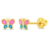 Cercei din Aur 14K pentru Copii &ndash; Fluture Colorat din Email, inchidere cu Filet si Protectie