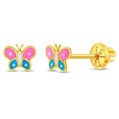 Cercei din Aur 14K pentru Copii &ndash; Fluture Colorat din Email, inchidere cu Filet si Protectie