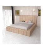 Pat Dormitor Bej 160x200 cm + Saltea Inclusa, Dimensiuni 220x200 cm, Cadru Gros 20 cm, Tablie Inalta 120 cm