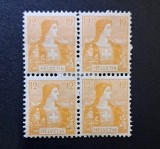 Elveția (Helvetia) 1907&ndash;1914 - Bloc de 4 Mărci Poștale Uzuale "Bustul Helvetiei" / Helvetia Brustbild (12 Rappen Ocru-Galben) - Cod: -OD1