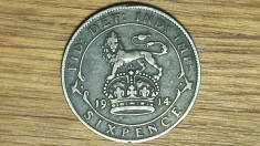 Anglia / Marea Britanie - moneda argint sterling - 6 pence / sixpence 1914 - King George V - superb patinata !