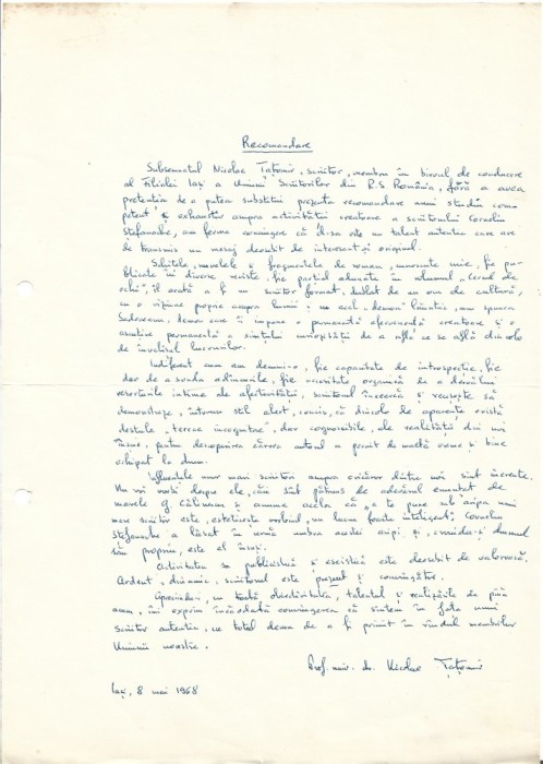 A3390N Recomandare scrisă și semnată olograf de prof univ Nicolae Țațomir pt Corneliu Ștefanache, 1968, Iași