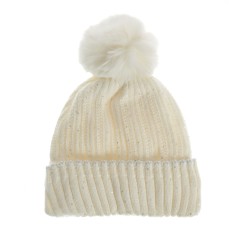 Caciula tricotata alba cu mot pufos