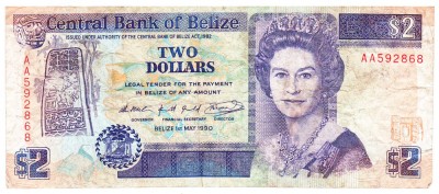 Belize 2 Dolari 1990 P-52 Seria 592868 foto