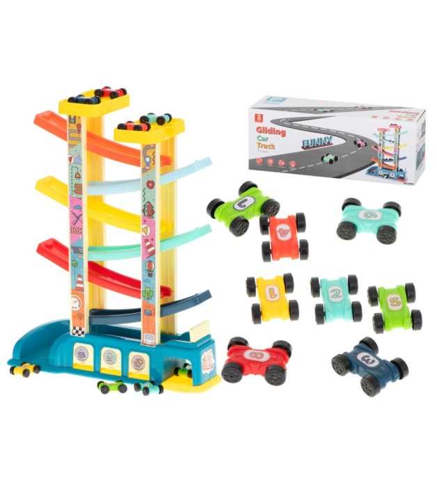 Pista de curse si garaj cu 8 masinute, multicolor