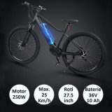 Cumpara ieftin Bicicleta electrica 27.5 inch, 250W, 25 km/h, acceleratie, autonomie asistata, aluminiu, Shimano 7 viteze, RESIGILAT