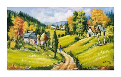 Tablou peisaj din natura pictat manual, Pe meleaguri mioritice, 100x60cmulei pe panza, gata de agatat pe perete foto