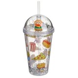 Pahar din plastic cu perete dublu, capac dom si pai, 475 ml, imprimeu fast food, CMCLASS