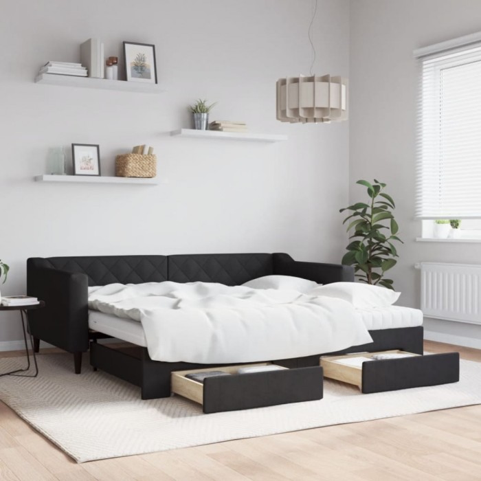 Pat de zi cu extensie și sertare, negru, 90x190cm, textil