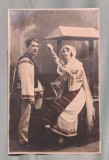 Poza - fotografie tip carte postala - foto studio, baiat si fata in costum popular - traditional romanesc regiunea DOLJ - fotografie datata anul 1924