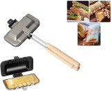 Prajitor de paine si sandvișuri manual, din metal, cu manere din lemn, cu placi antiaderente, utilizat pe aragaz, negru