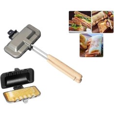 Prajitor de paine si sandvișuri manual, din metal, cu manere din lemn, cu placi antiaderente, utilizat pe aragaz, negru