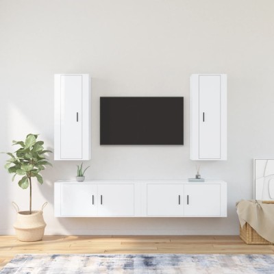 Set dulap TV, 4 piese, alb extralucios, lemn prelucrat foto