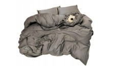 Set lenjerie de pat din microfibră, 3 piese, gri taupe, cu broderie aurie &ndash; 200 &times; 220 cm