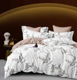 Cumpara ieftin Lenjerie pat dublu,bumbac finet,6 piese,cearceaf cu elastic,alba maro cu flori-A971, Jojo Home