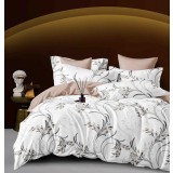 Lenjerie pat dublu,bumbac finet,6 piese,cearceaf cu elastic,alba maro cu flori-A971