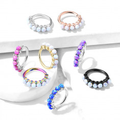 Piercing din oțel 316L pentru nas, ureche sau sprâncene – inel cu opal sintetic, 1 mm, PVD, diverse culori - Culoare Piercing: Arămiu - alb