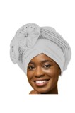 Șapcă cu șal, turban răsucit, cu flori din pietre strălucitoare și mărgele - Gri